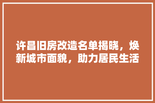 许昌旧房改造名单揭晓，焕新城市面貌，助力居民生活品质提升